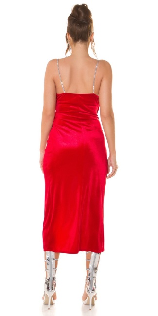 Fluweel look jurk met glitter bandjes rood
